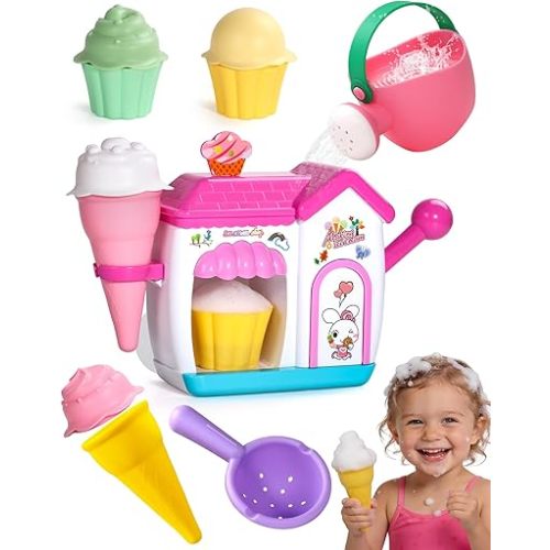 Bath Toys for Kids Ages 4-8 Ice Cream Foam Maker Bubble Pretend Play Cake Set Bath Toys for Toddlers 3-5 Bathtub Water Toy Birthday Gifts for 3 4 5 Year Old Girls Boys