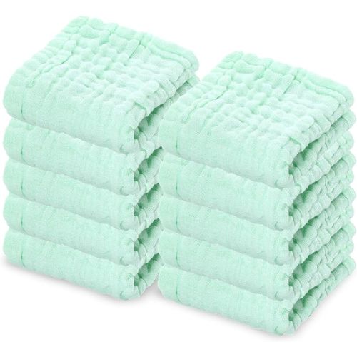 10 Pack Soft Muslin Unisex Baby Washcloths for Daily Use, 100% Cotton Set for Delicate Skin. Soft and Super Absorbent, Newborn Baby Essentials and Baby Registry,12x12 Inches (Green)