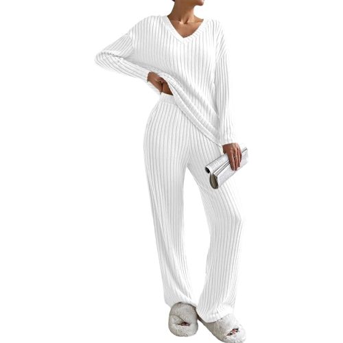 SHEWIN Women's Pajama Sets Long Sleeve Short Sleeve 2 Piece Lounge Sets Ribbed Knit Sweater Sleepwear