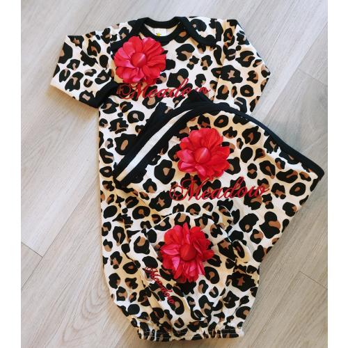 Personalized Leopard Baby Gown Set: Newborn Girl Outfit, Beanie & Swaddle Blanket