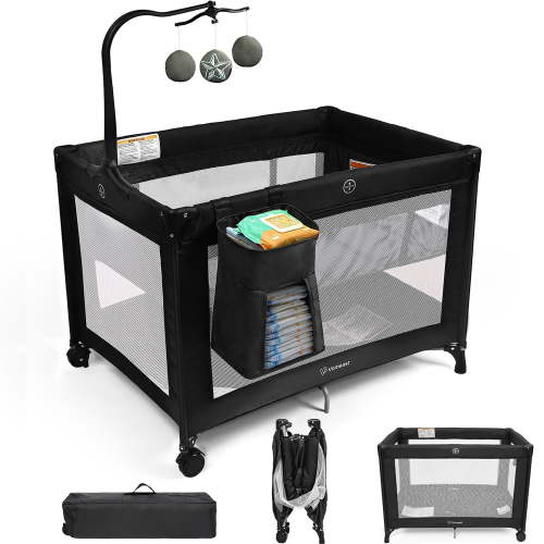 Vomeast Baby Playard Baby Bassinet,Foldable Crib Pack and Play with Toy Bar,Play Yard,0-5 Months(Black)