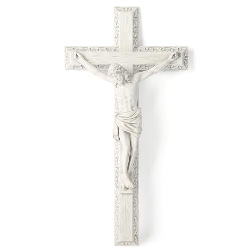 BC Catholic Crucifix Wall Cross 12" H Jesus Cross Wall Decor | Religious Cross for Wall Elegant Modern Home Decor, Catholic Gifts, Grey White Stone Finish, Hand Painted by Buildclassic