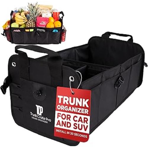TRUNKCRATEPRO Car Organizers and Storage Premium Adjustable Multi Compartments Car Storage Organizer | Portable and Foldable SUV Trunk Organizer for Car (Standard Size, 20.86"L x 13.4"W x 10"H )-Black