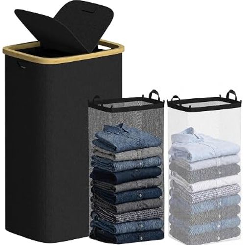 efluky Double Laundry Hamper with Lid and 2 Removable Bags, Black