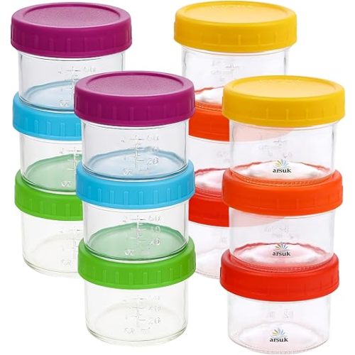 ARSUK 4 OZ Small Glass Containers with Lids (12 Pack) - Mini Glass Jars for Salad Dressing, To-Go Travel, Sauces, Spices, and Meal Prep - Reusable, Airtight, Leakproof, Microwavable and Freezer Safe