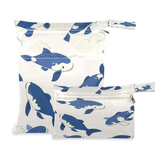 2 PCS Wet Dry Bags for Baby Cloth Diapers Reusable Waterproof Wet Bags for Stroller, Travel & Gym Blue and White Fish