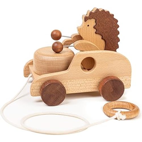 Hedgehog Pull-Along Toy | Musical Wooden Pull Toy with Wooden Grip Ring | Natural Drumming Sound for Toddlers 1.5+ Years