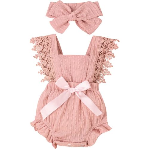 Yoawdats Baby Girl Lace Romper Sleeveless Ruffle Bow Decorated Romper Jumpsuit Bodysuit with Headband Newborn Baby Clothes