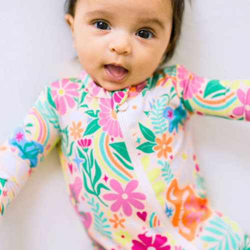 Rainbow Daisy Babe | Bamboo Footie Onesie Sleeper | "Patience & Kindness" | Thermo-Regulating, Double Zipper, 4-Way Stretch | Raising Mama