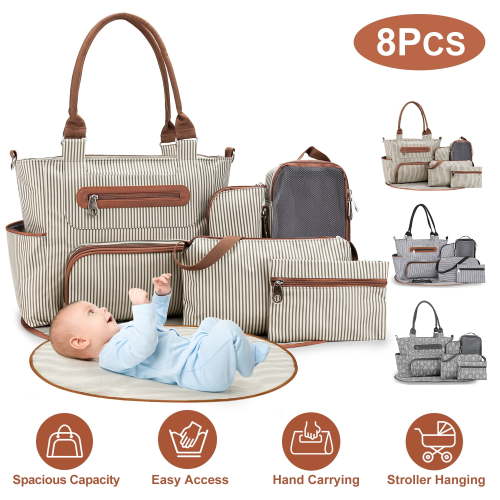 TeqHome Travel Diaper Bag Tote for Baby Care 8Pcs Multifunction Baby Travel Gear Baby Bag with Changing Pad Bottle Bag 2 Burp Clothes 2 Hook Straps Khaki