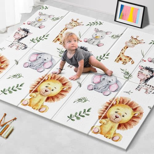 NOONKTY 79x71 Extra Large Baby Play Mat for Floor, Foldable Foam Playmat for Babies 0-12 Months & Kids, Non-Toxic Waterproof Baby Mat for Floor, Thick Playpen Mat for Tummy Time Crawling, Big Lions