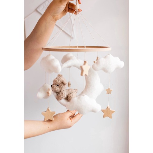 Handmade Bear Baby Mobile: Neutral Nursery Decor, Wooden Stars