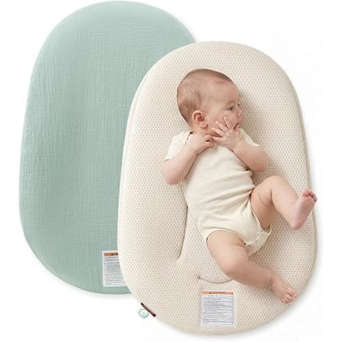 Momcozy Baby Lounger, Infant Support Cushion with Soft Breathable Natural Cotton Cover, Great for Newborns, Portable & Machine Washable, Mint Green