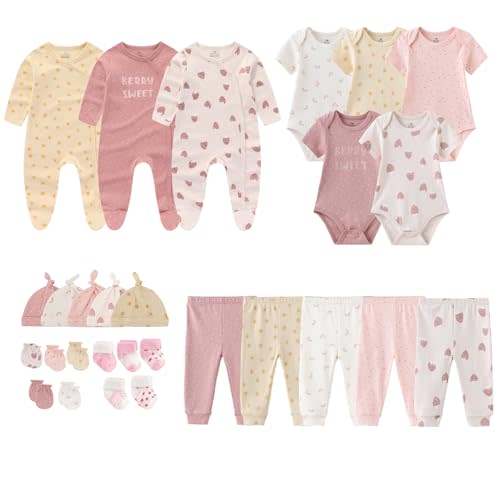 MAMIMAKA Newborn Layette Gift Set 27-Piece Baby Girl Clothes Bodysuits, Pants Essentials and Accessories 0-12Months