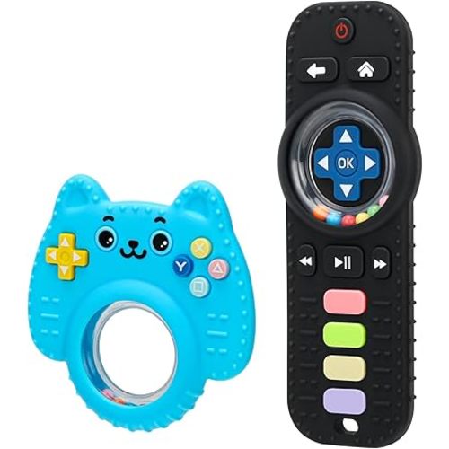 2 Pack Silicone Teething Toys for Babies, Remote & Controller Teether for Baby, Sensory Toys for Babies with Rattle, Baby Chew Toys