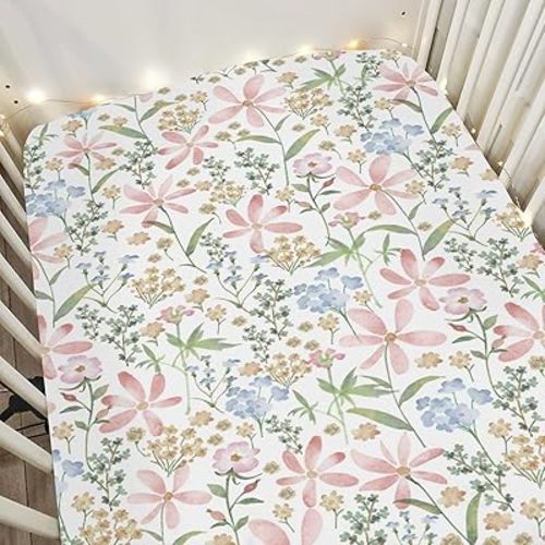 Boho Floral Baby Crib Sheets for Boy Girl 52x28Inch Pink Blossom Leaves Soft Snug Fitted Crib Mattress Covers Spring Wildflowers Plant Nursery Baby Sheet for Crib and Toddler Bed Mattresses