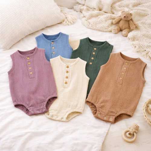 Organic Cotton Muslin Sleeveless Baby Bodysuits, Soft Unisex Infant Rompers, Newborn Onesie, Gauze Kids Clothing, Neutral Baby Outfit