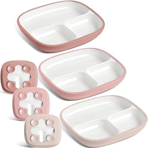 Domensi Kids Porcelain Plates with Silicone Sleeves 8.2 Inch Divided Porcelain Plate Toddler White Suction Dishes for Baby Troubleless Eating Microwave Dishwasher Safe (Novelty,3 Set)
