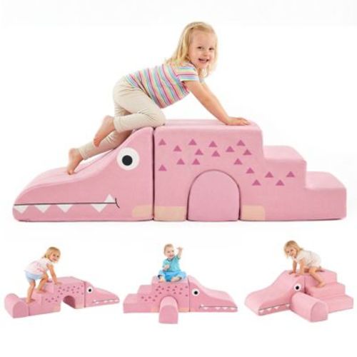 Costway 3 PCS Soft Velvet Toddler Climbing Toys Crocodile-Themed Foam Climbing Blocks Pink
