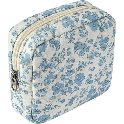 RSRSLEII Small Quilted Cosmetic Pouch for Purse, Mini Cotton Makeup Bag with Compartments, Cute Zipper Lipstick Holder for Women (07LightBlue Flower)