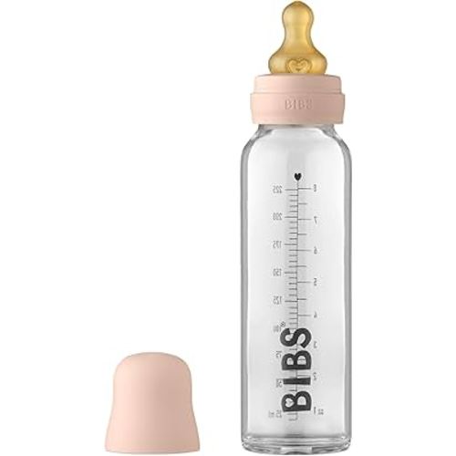 BIBS Baby Glass Bottle Complete Set 225 ml | BPA Free Natural Rubber | Made in Denmark | Blush