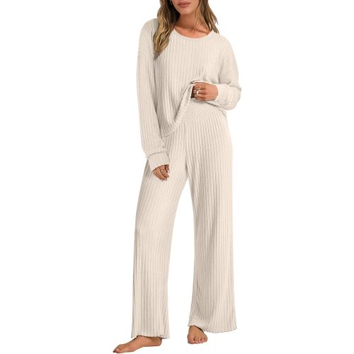 ANRABESS Women 2 Piece Lounge Pajamas Sets Casual Ribbed Knit Long Sleeve Top Pants Matching Set 2025 Fall Outfits Clothes