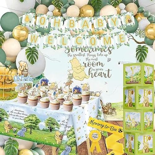 132pcs Classic Winnie Baby Shower Decorations Kit, All-in-1 Vintage Winnie Party Supplies Decorations, Classic The Pooh Backdrop Cake Topper, Winnie Baby Tablecloth Box Decorations for Baby Shower