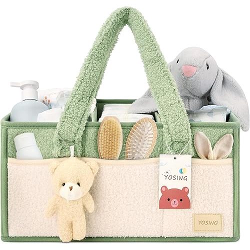 YOSING Diaper Caddy Organizer with 13 Pockets & Removable Dividers - Portable Baby Storage Basket for Nursery, Car Travel & Newborn Essentials, Green+ White
