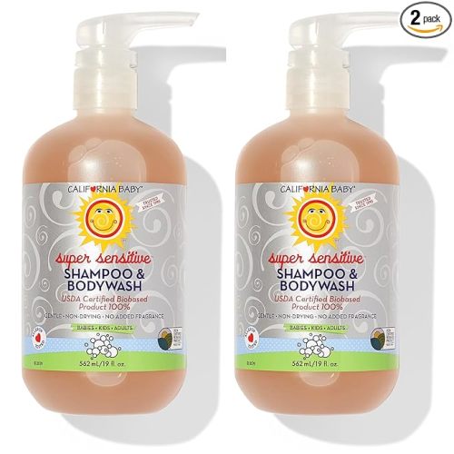 California Baby Super Sensitive Baby Shampoo + Baby Wash | 100% Plant-Based | Unscented Body Wash For Sensitive Skin | Hypoallergenic | 19 oz (2-Pack)