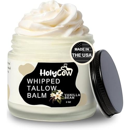 HolyCow Beef Tallow For Skin - Whipped Tallow Balm with Organic Jojoba Oil, Grass Fed Beef Tallow Face Moisturizer for Eczema, Baby, Lip Balm - Lotion For Extremely Dry Skin (Vanilla Bean)