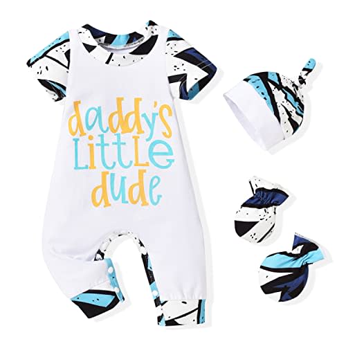 HINTINA Newborn Baby Boy Romper Coming Home Outfits Letter Printed Jumpsuit Hat Glove Outfits