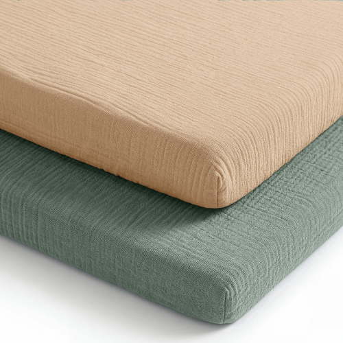 Comfy Cubs Muslin Fitted Bassinet Crib Sheet, Extra Soft 100% Muslin Cotton - 2 Pack, Fern and Cream