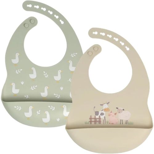 Little Rawr Baby Silicone Bibs 2 Sets Baby Bibs with Food Catcher for Girls Boys Toddlers BPA Free Adjustable Neck Band Waterproof Soft Durable (Beige-Green)