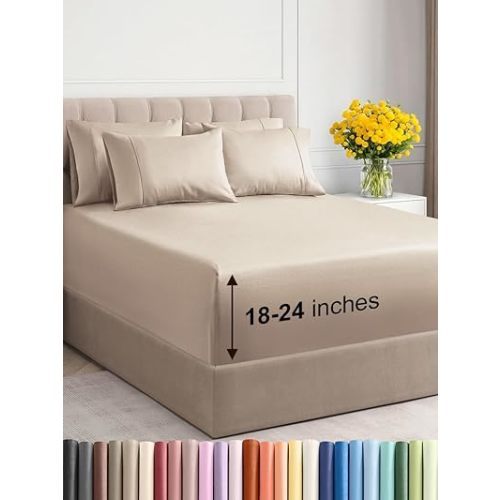 Extra Deep King Sheet Set - 6 Piece Breathable and Cooling Sheets - Hotel Luxury Bed Sheets Set - Easy & Secure Fit - Soft, Wrinkle Free and Comfy Sheets Set - Wheat Sheet Set with Extra Deep Pockets