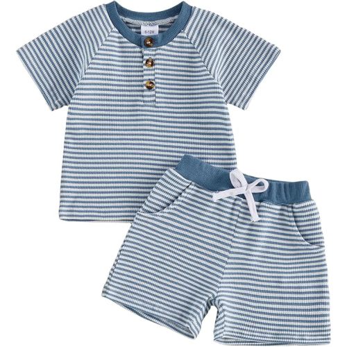 MERSARIPHY Toddler Baby Boy Clothes 6 12 18 Months 2T 3T Summer Outfit Waffle Knitted Stripe Casual T-shirt Tops Shorts Sets