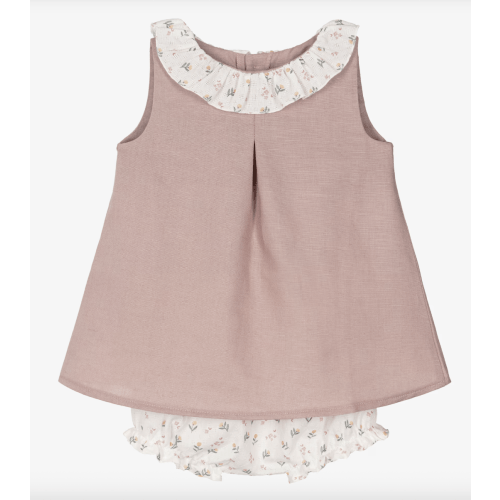 Mebi - Girls Dusky Pink Sleeveless Dress with Floral Ruffle Collar | Childrensalon