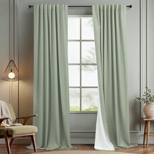 Sage Green Curtains 84 Inch Length 2 Panels Set for Bedroom Back Tab Blocking Light Sage Boho Blackout Linen Drapes Thermal Insulated Black Out Room Darkening Window Curtain for Living Room 52x84 Long
