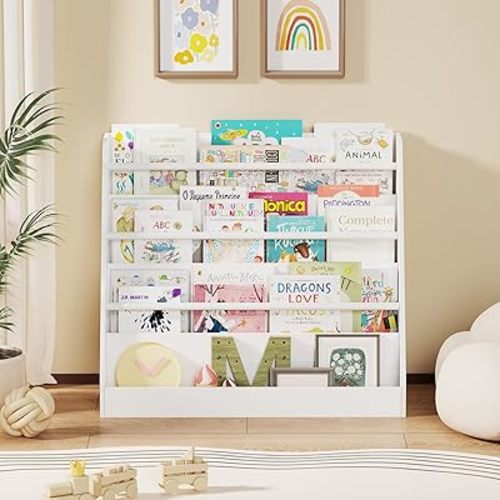 Lkeiyay Kids Bookshlef,4 Tier Montessori Bookcase Kid Room,Toddler Book Display for Classrooms,Playrooms and Nursery (White)