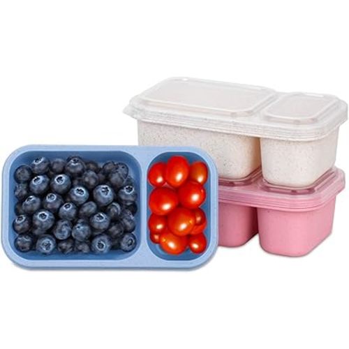 DOSEWART 2-Compartment Reusable Snack Containers with Lids, Wheat Straw Reusable Snack Packs for Food Storage Meal Prep On-the-Go Snacking(3Pack)