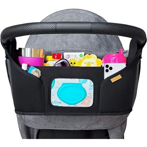 liuliuby Stroller Organizer - Large Storage Space with Cup Holder & Easy Access Wipes Pocket - Customizable Compartments & Universal Fit Stroller Caddy - Parent Console Accessories - Organizer - Neoprene