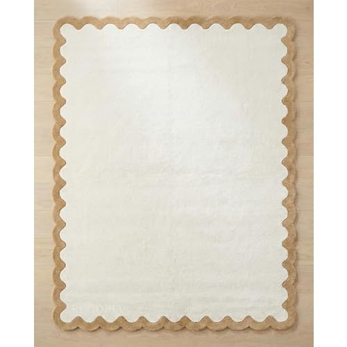 Hand-Tufted Wool Area Rug with Scalloped Edge, Plush Ivory Solid Carpet with Contrast Border, Soft Thick Cotton Backing Rug for Living Room Bedroom Home Decor (Beige, 5' x 8')