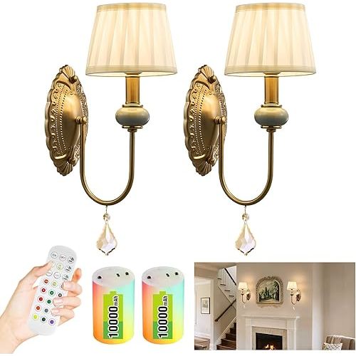 Wireless Battery Operated Antique Brass Wall Sconces Set of 2, 10000mAh Rechargeable Gold Crystal Vintage Fabric Shade Wall Lights with Bulbs & Remotes, RGB Dimmable for Living Room Bedroom Hallway