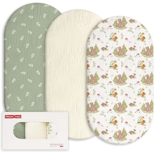 Gllquen Baby Muslin Bassinet Sheets 3 Pack, Breathable Cozy Cotton Fitted Bassinet Mattress Sheet for Baby Boy Girls, Fit for Hourglass Oval Rectangular Cradle Pad Sheets 33"x17"(Fern & Woodland Pals)