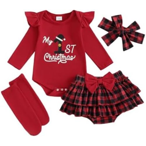 My First Christmas Baby Girl Outfit Long Sleeve Santa/Gingerbread Newborn Infant Romper Skirts Headband Socks Sets