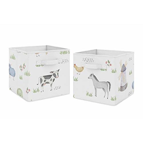 Sweet Jojo Designs Farm Animals Foldable Fabric Storage Cube Bins Boxes Organizer Toys Kids Baby Childrens - Set of 2 - Watercolor Farmhouse Horse Cow Sheep Pig