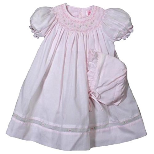 Girl's Pink Smocked Dress with Embroidered Insets & Bonnet Newborn