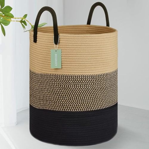 Large Blanket Basket, Tall Laundry Basket 65L, Nursery Hamper with Handles, Laundry Hamper for Storage Toys Clothes Towels, 16”x 20”, Brown & Black