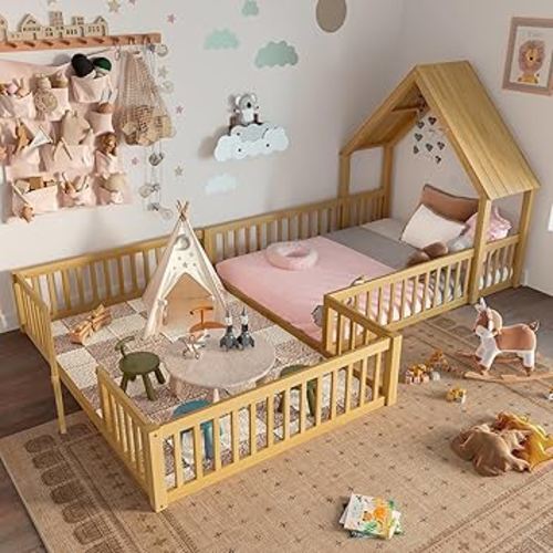 Harper & Bright Designs Full Size House Shaped Double Floor Bed with Door and Full-Length Guardrails, Solid Wood Kids Montessori Floor Bed for Girls Boys, Multi-Function, Natural