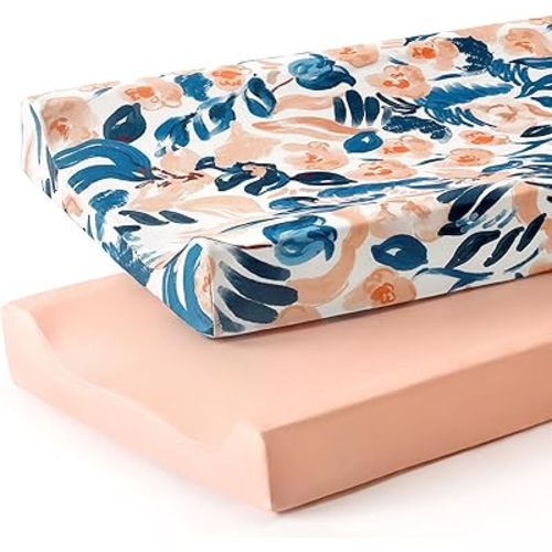 GRSSDER Stretch Ultra Soft Jersey Knit Changing Pad Cover Set 2 Pack, Change Table Pad Covers Fit 32"/34" x 16" Pads Safe and Snug, Beautiful Blush Floral Print for Girls