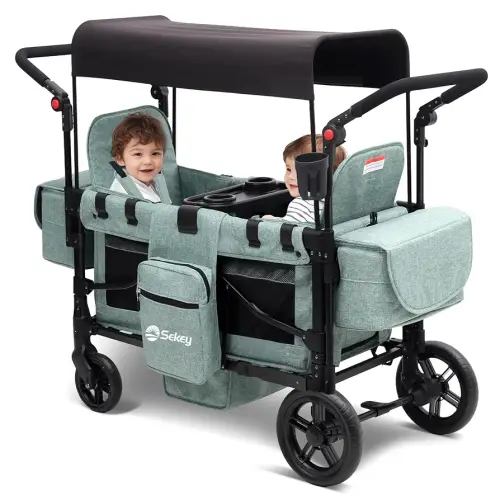 Sekey Wagon Stroller for 2 Kids, Luxury 4-in-1 Stroller Wagon - Premium Quality with Convertible Seats, Adjustable Push Handles, Removable Canopy, Snack Tray & Cooler, US Certified. Green